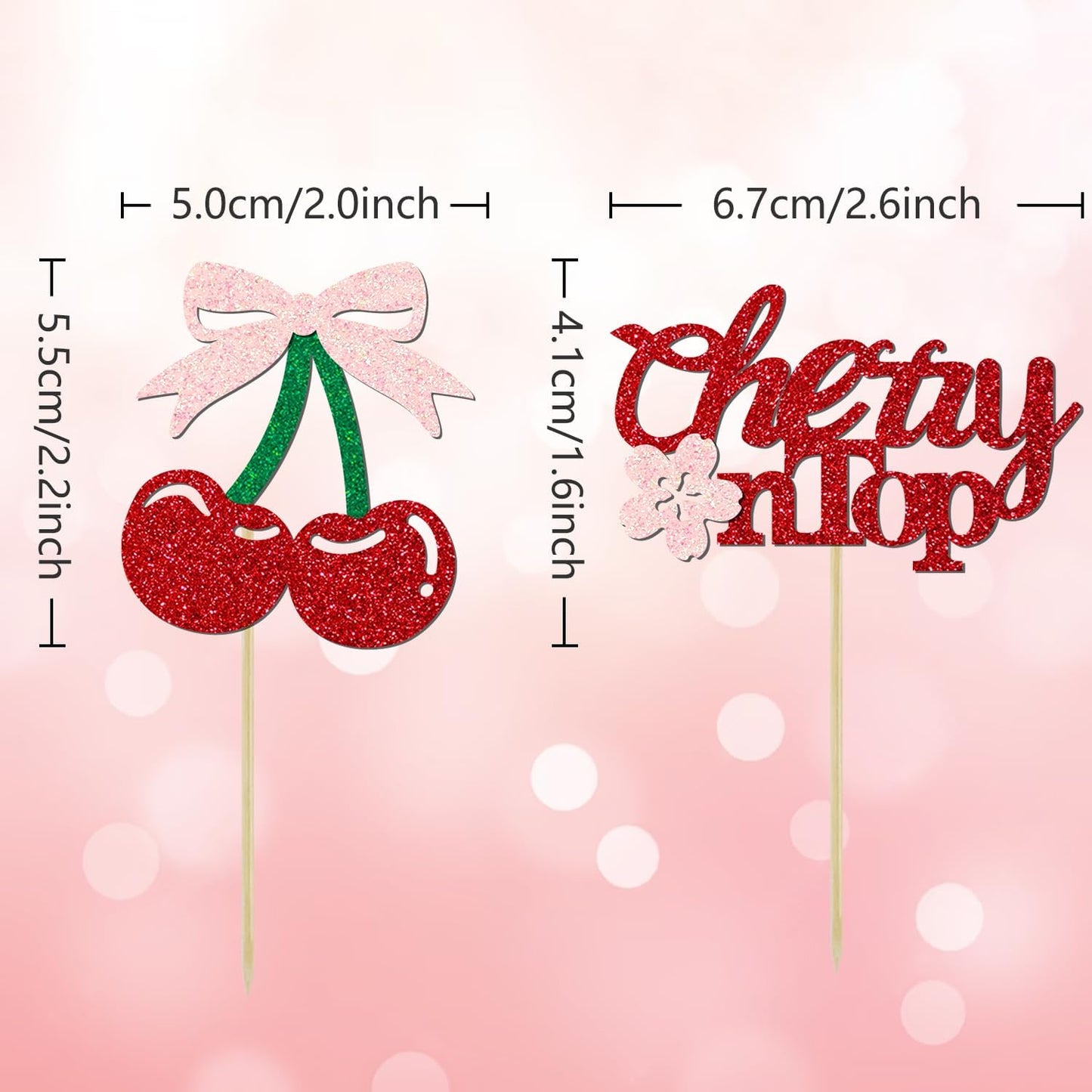 24 Pack She's the Cherry On Top Cupcake Toppers, Glitter Cherry Sweet Cake Pick for Fruits Theme Baby Shower and Bridal Shower Decorations Supplies (Top)