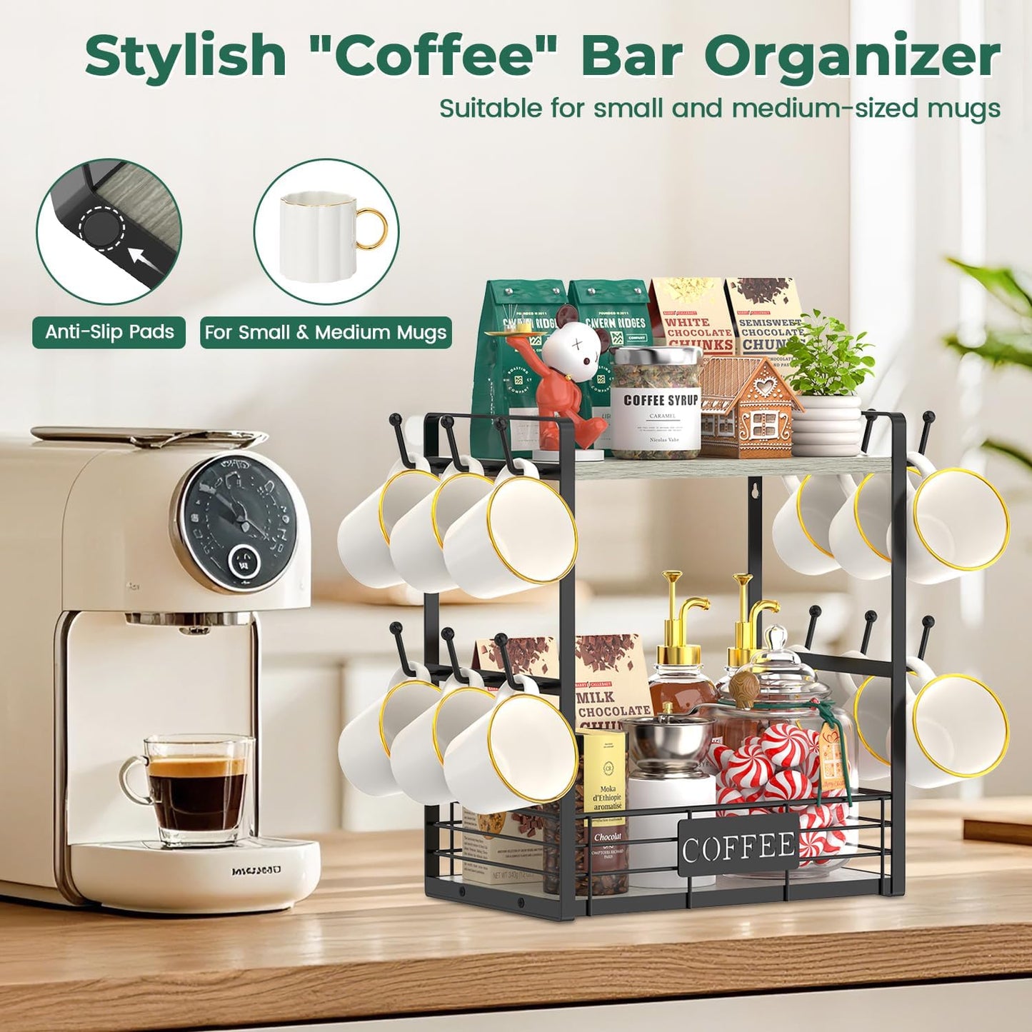EsLuker.ly Coffee Mug Cup Holder Stand Bar Station Organizer for Countertop, Multi-Functional 2 Tier Mug Tree Rack for Kitchen, Storage Shelf with 12 Hooks, Light Grey-Black(Patented Design)