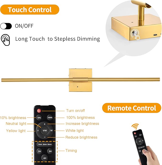 Morauroral 40″ Gold Battery Operated Wall Sconces Set of Two, Dimmable Wall - Image 5