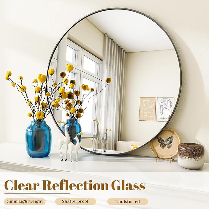 VooBang Black Round Bathroom Mirror, 24 inch Circle Wall Mounted Hanging Mirror - Image 3