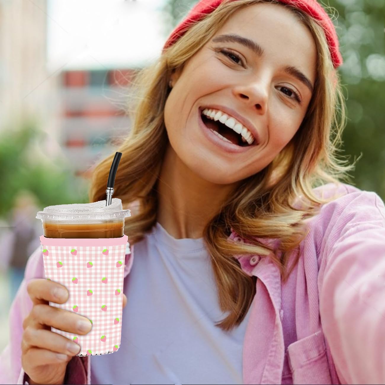 Reusable 3-Pack Iced Coffee Cup Sleeve, Insulated Neoprene, Beverage Holder for Iced Coffee, Durable Drink Sleeve for Cold Beverages, Strawberry Grid