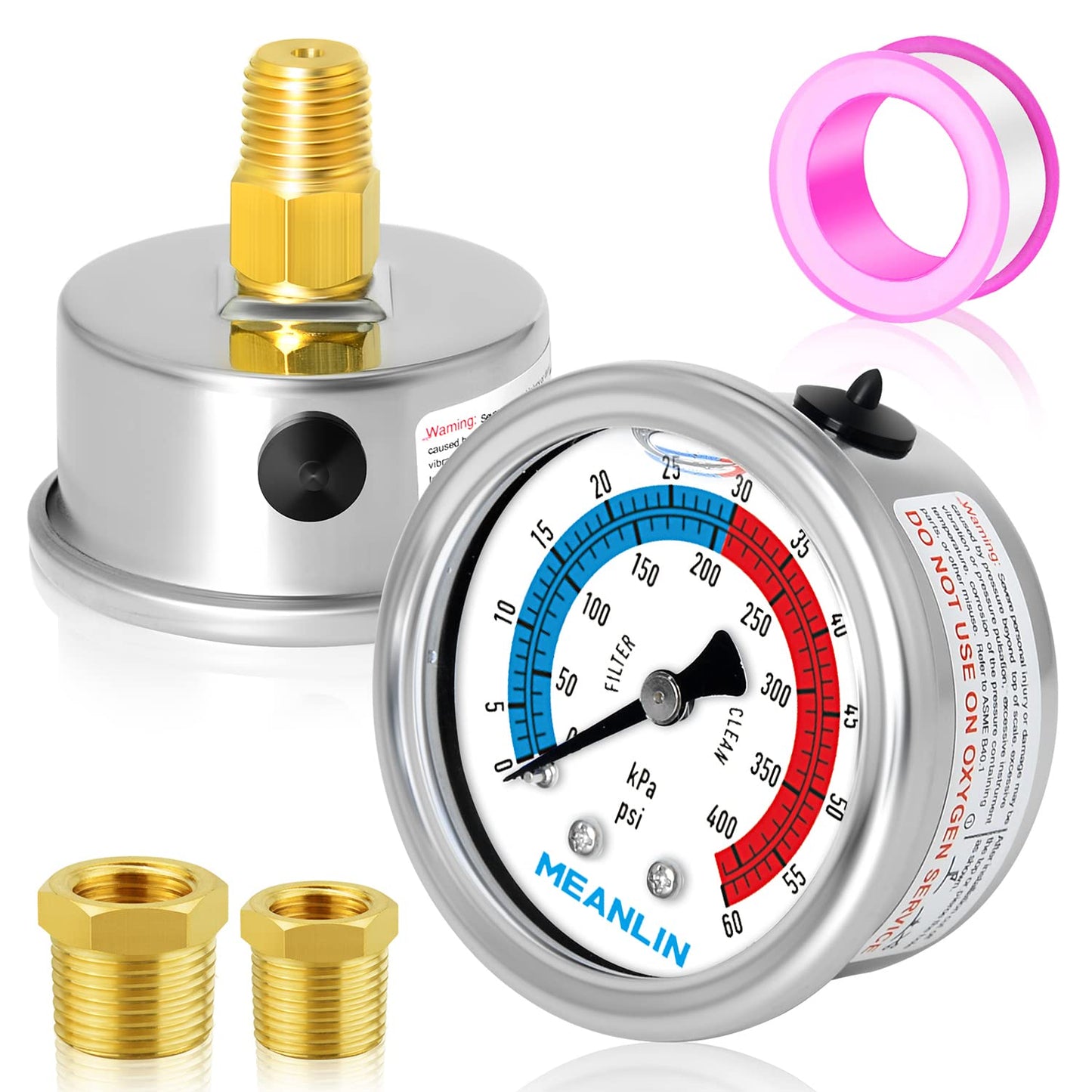MEANLIN MEASURE 1/4" NPT 0-60psi Pressure Gauge, 2" Dial Glycerine Filled Pool Filter, 304 Stainless Steel Housing, Back Mount, with 1/2" NPT and 3/8" NPT Hex Bushing
