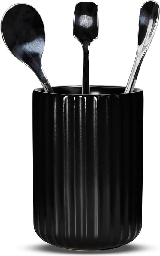 Ceramic Spoon Holder for Coffee Bar, Upright Tea Spoon Holder Cup, Coffee Stirrers Straws Stir Stick Holder, Black Fluted Surface