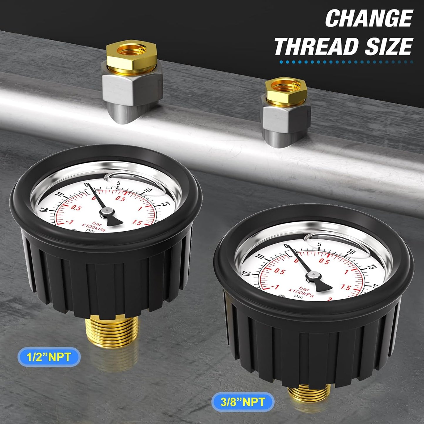 MEANLIN MEASURE -30inHG~30Psi Stainless Steel 1/4" NPT 2.5" FACE DIAL Vacuum Pressure Gauge, Center Back Mount (with Rubber Protective Sleeve), with 1/2" NPT and 3/8" NPT Hex Bushing