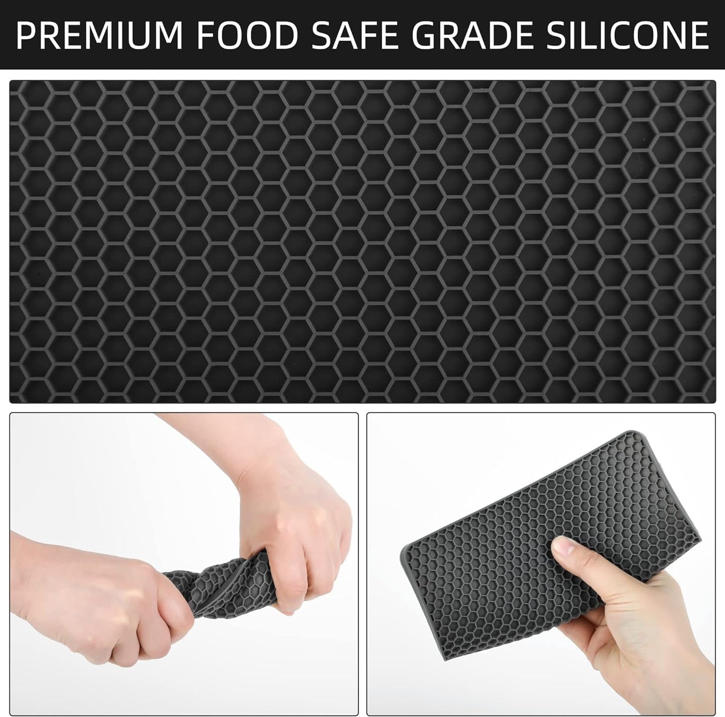 Silicone Trivets Mats, Silicone Hot Pads for Pot Holder, Square Trivets for Hot Dishes, Pots and Pans, Multipurpose Hot Pads for Kitchen Counter, Non Slip Heat Resistant Mats Set 4 Dark Grey