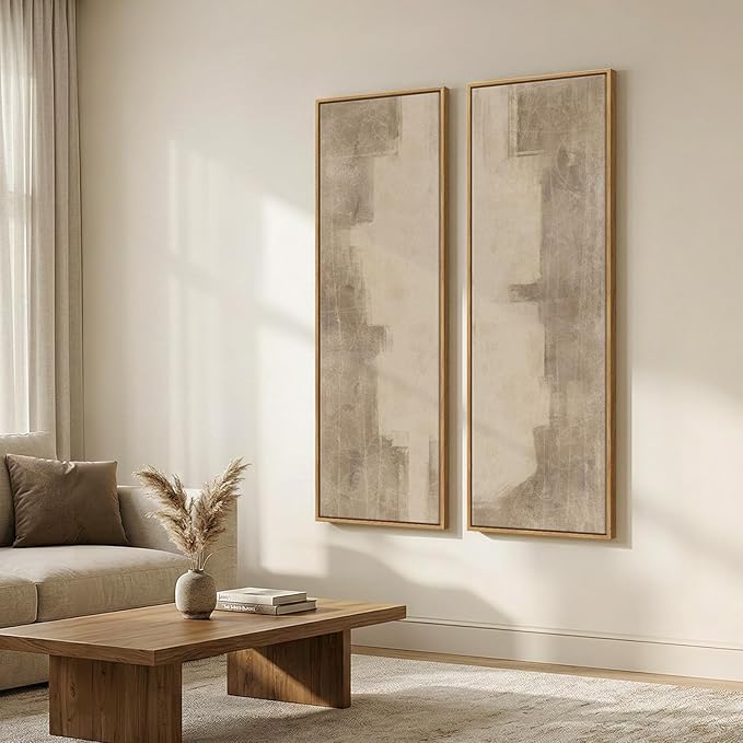 Long Narrow Framed Neutral Abstract Vertical Wall Art Set of 2, Oversized - Image 2
