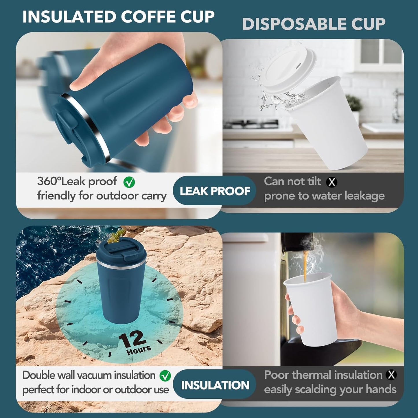 Volhoply 12 oz Double Wall Insulated Vacuum Travel Coffee Mug with Flip Lid Bulk 4 Pack,Reusable Stainless Steel Leak Proof Coffee Cups,Portable Cafe Thermal Tumbler for Cold Drinks(Assorted,4 Set)