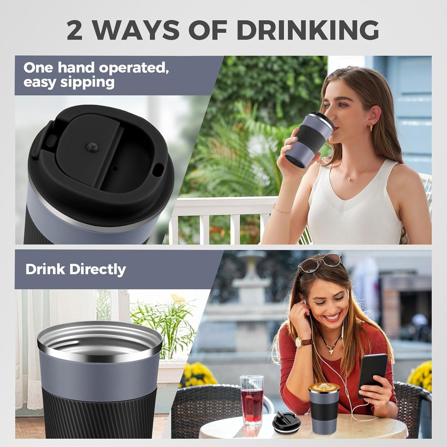 Volhoply 13 oz Stainless Steel Insulated Travel Coffee Mug with Fip Lid,Reusable Double Wall Vacuum Metal Coffee Cup,Portable to Go Leak Proof Cafe Thermal Tumbler for Hot & Cold Drinks(Gray,1)