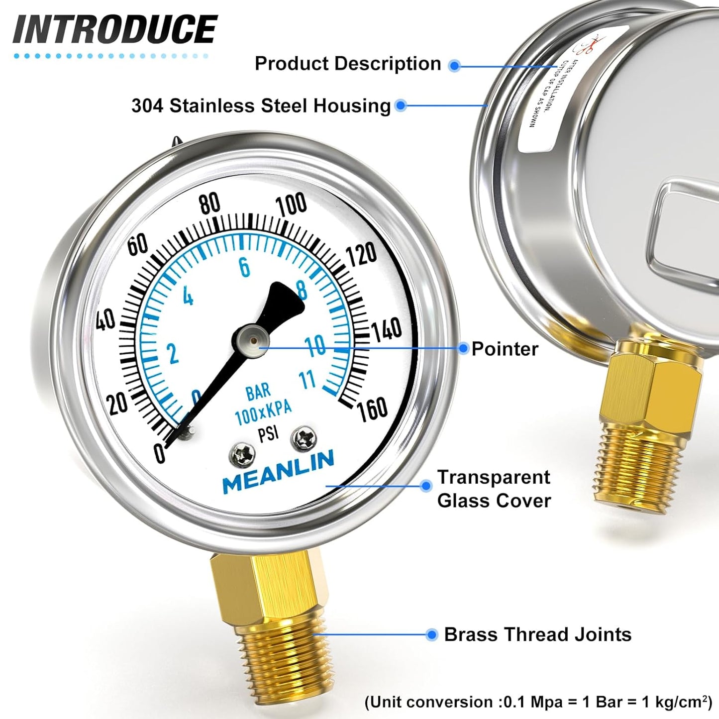 MEANLIN MEASURE 0~160Psi Dry Pressure Gauge Stainless Steel 1/4" NPT 2" FACE DIAL Waterproof for Air Compressor RV Regulator Water Pressure Tester Lower Mount, with 1/2" NPT and 3/8" NPT Hex Bushing