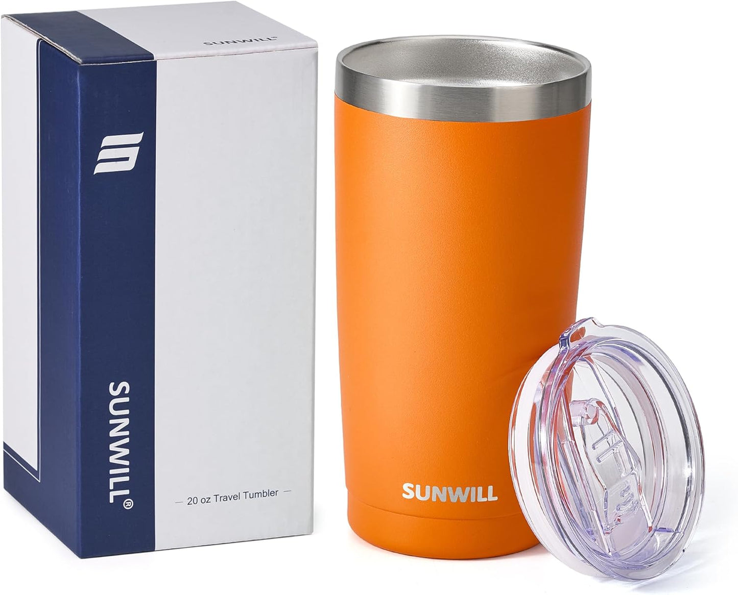 SUNWILL Travel Coffee Tumbler 20 oz, Insulated Mug with Lid, Stainless Steel Cup for Hot and Cold Drinks, Powder Coated Orange