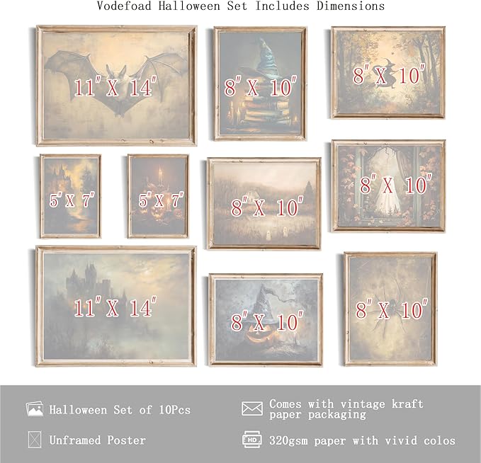 Vodefoad 10Pcs Vintage Halloween Canvas Wall Art Retro Pumpkin Poster Victorian - Image 2