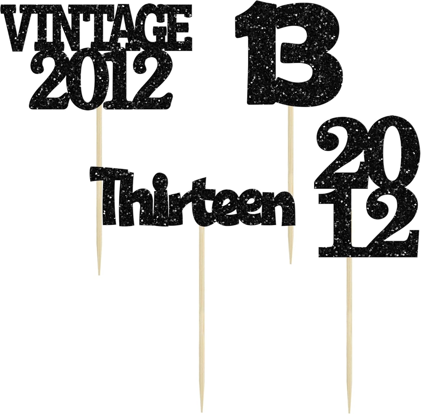 Gyufise 24Pcs 13th Birthday Cupcake Toppers Glitter Thirteen Vintage 2012 Official Teenager 13 Cupcake Picks 13 Years Birthday Cake Decorations for Happy 13th Anniversary Party Supplies Black