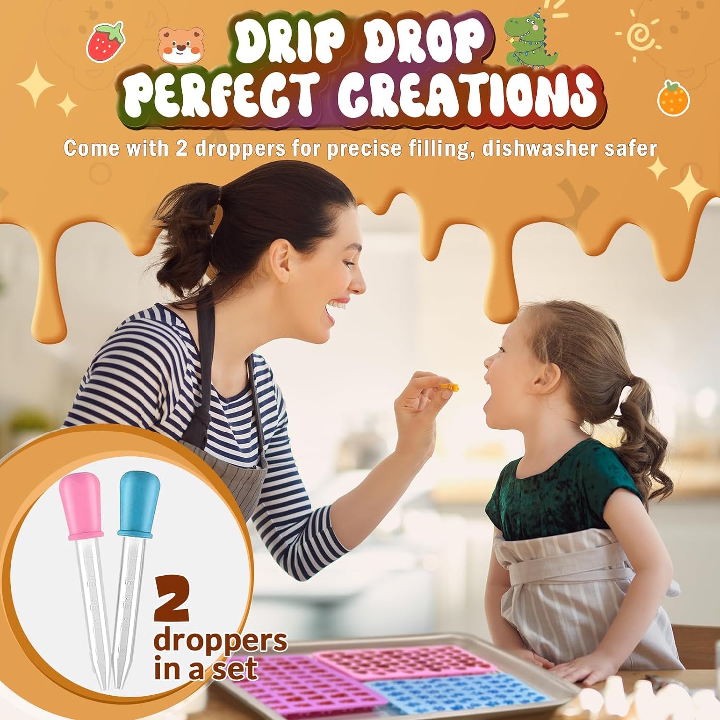 Gummy Bear Molds Silicone Mini Size, Non-stick Chocolate Candy Gummy Mould for Kid with 2 Droppers Including Dinosaur, Bear, Hearts and Donut Shape 201 Cavities