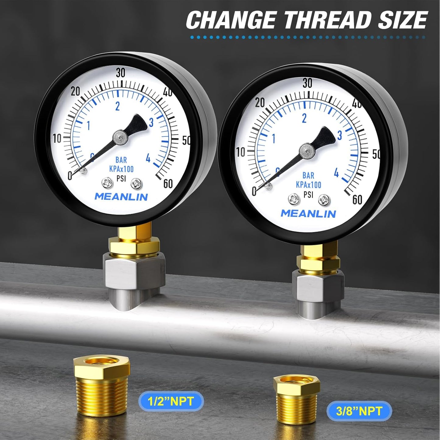MEANLIN MEASURE 1/4" NPT 0-60Psi 2" Dial Face Well Pump Pressure Gauge, Lower Mount, Suitable for Water, Oil, Air Pressure Testing