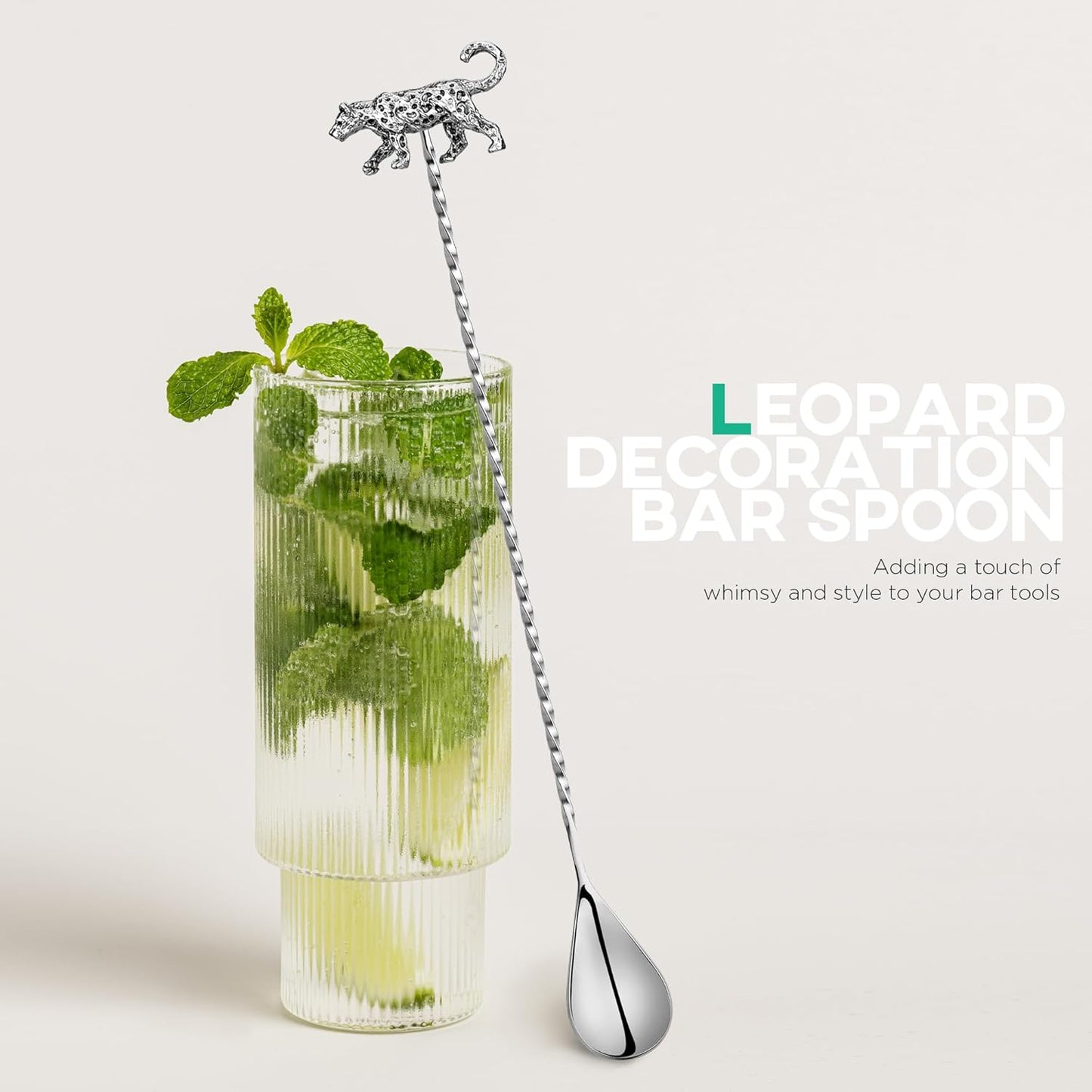 Homestia 2 Pcs Bar Spoon, 12 Inch Stainless Steel Cocktail Mixing Spoon, Long Handle Drink Mixing Spoons for Mixing Glass and Shaker, Cocktail Stirrer Sets with Leopard Bear End (Silver)