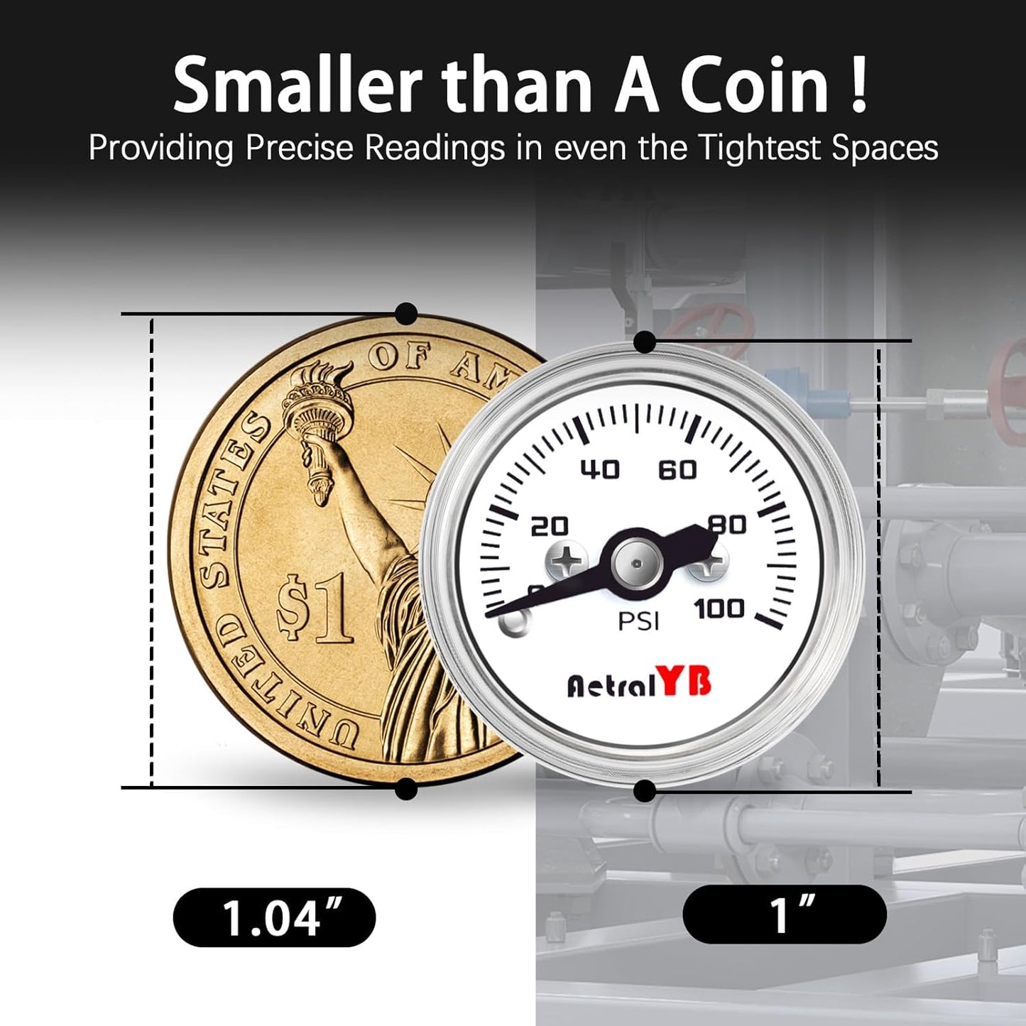 1 Inch mini Pressure Gauge, 0-100 Psi Air Gauge, Stainless Steel Case, 1/8" NPT Back Mount, Psi Coffee Machine Pressure Gauge for Water Pumps, Air Compressors