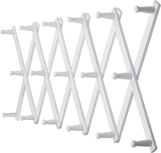 Dseap Accordian Wall Hanger: 16” High Wooden Wall Expandable Coat Rack, Hat Rack Holder, Accordion Hook for Baseball Caps, Coats, Mugs, 17 Peg Hooks, White