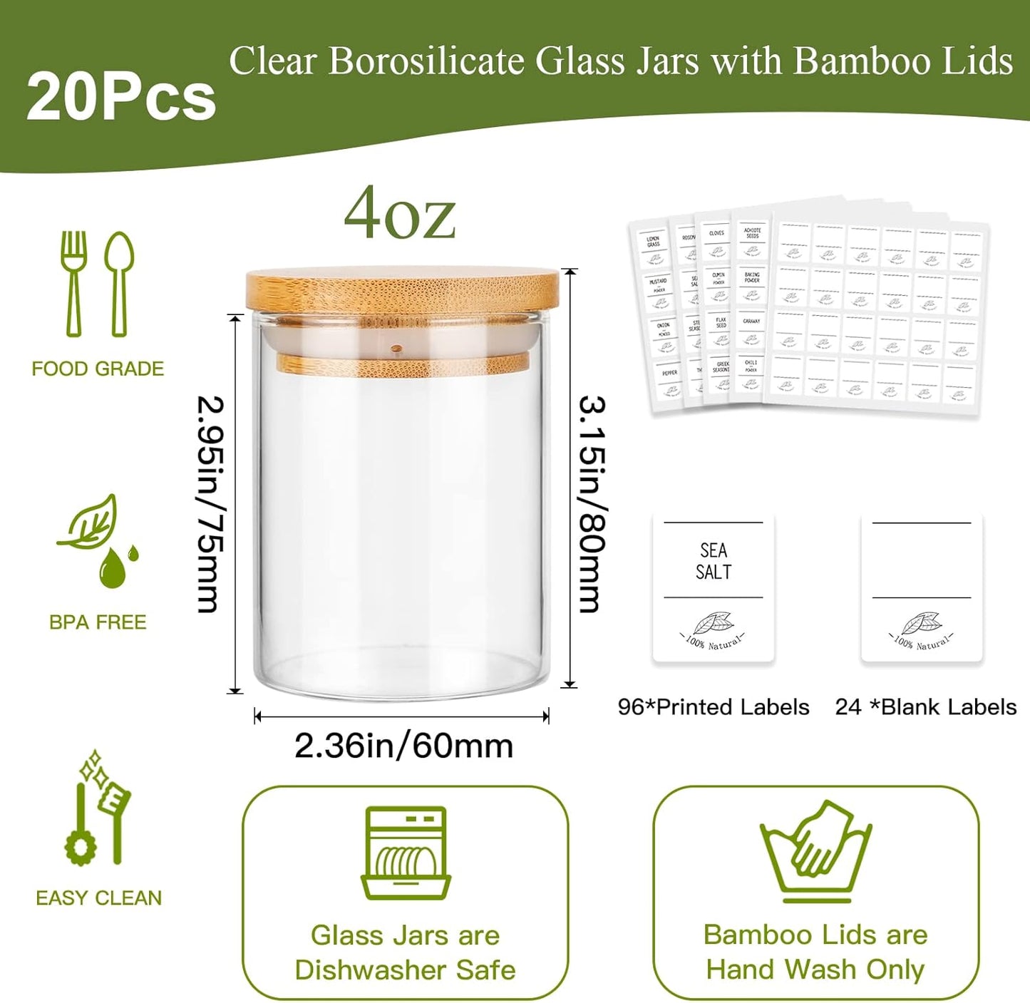4oz Glass Spice Jars with Bamboo Lids, 20 Pack Clear Borosilicate Glass Food Storage Containers with Wooden Airtight Lids, Cylinder Glass Bottles with Lids for Kitchen Spice Sugar Salt Coffee Tea