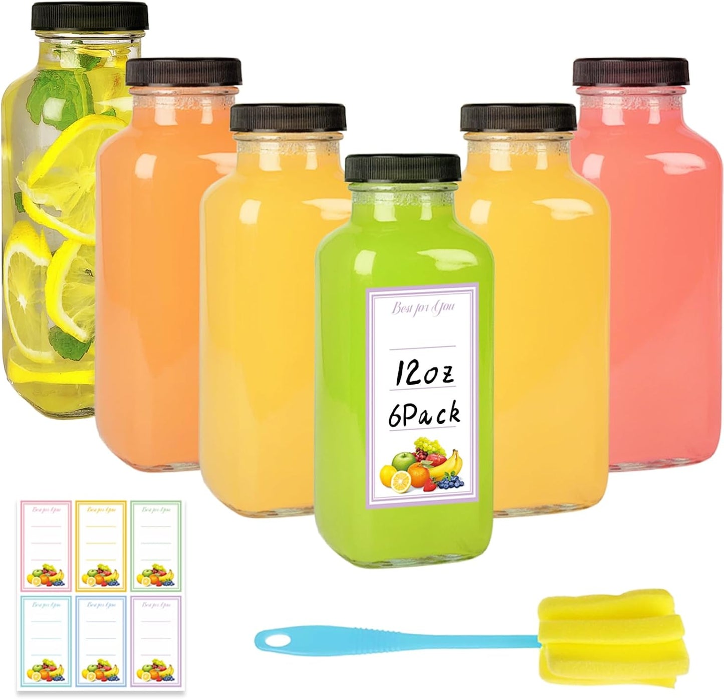 6 Pack 12oz Glass Drink Bottles with Lids, 360ml Vintage Glass Water Bottles with Caps, Reusable Juice Containers Drinking Jars for Juicing, Milk, Ginger, Kombucha, Beverage