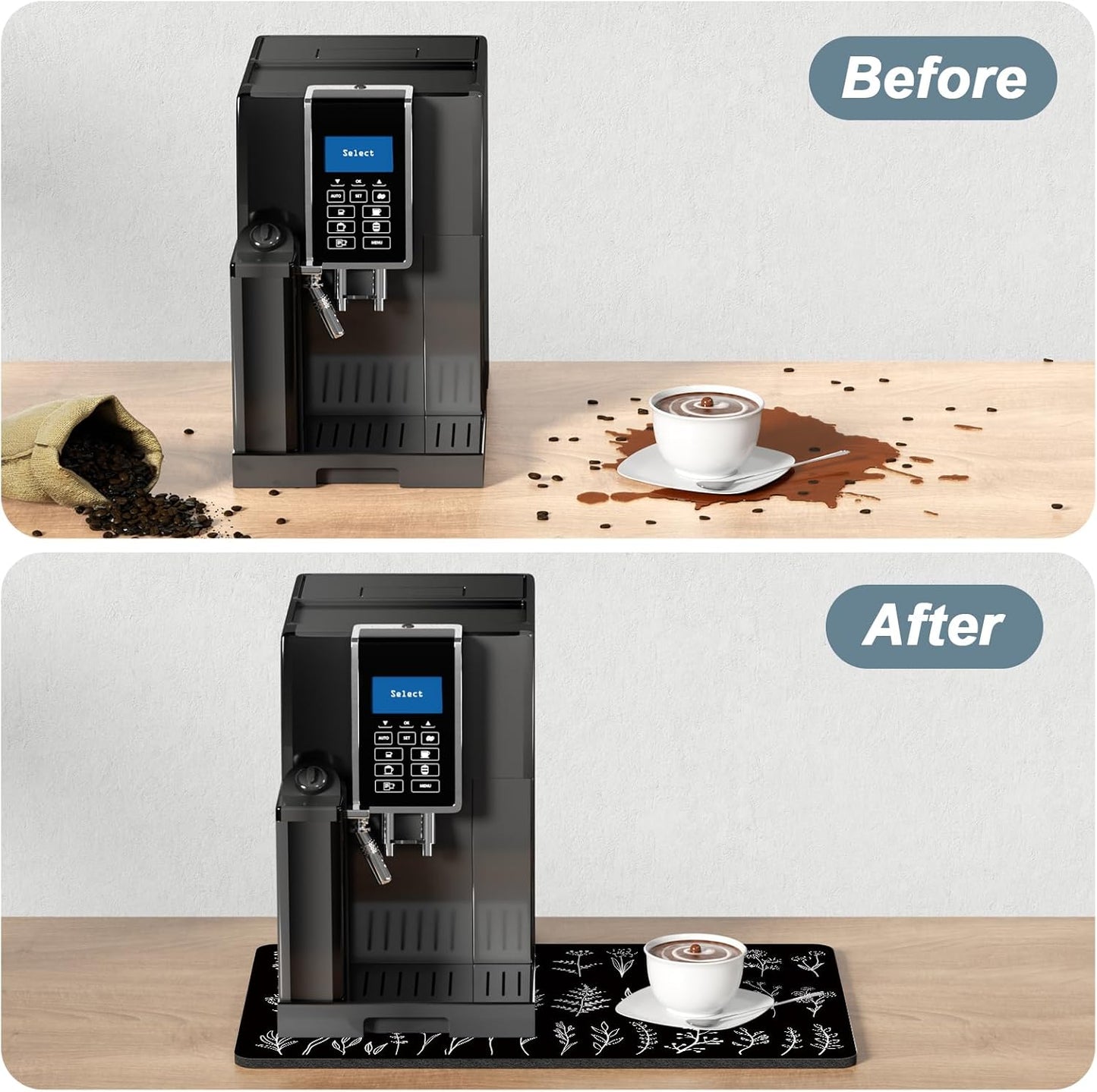 Rnivvi Coffee Mat, 12" x 19" Cute Coffee Bar Mats for Espresso Machine Station Accessories and Organizer, Hide Stain Rubber Backed Absorbent Dish Drying Pad for Kitchen Counter, Black White Leaves