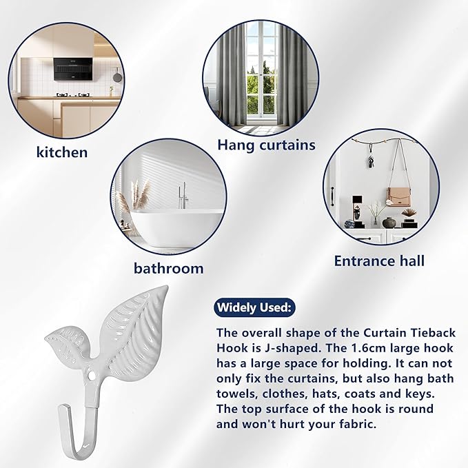 Set of 4 Vintage Leaf Wall Hooks White Metal Coat Hooks Heavy Duty Decorative - Image 4