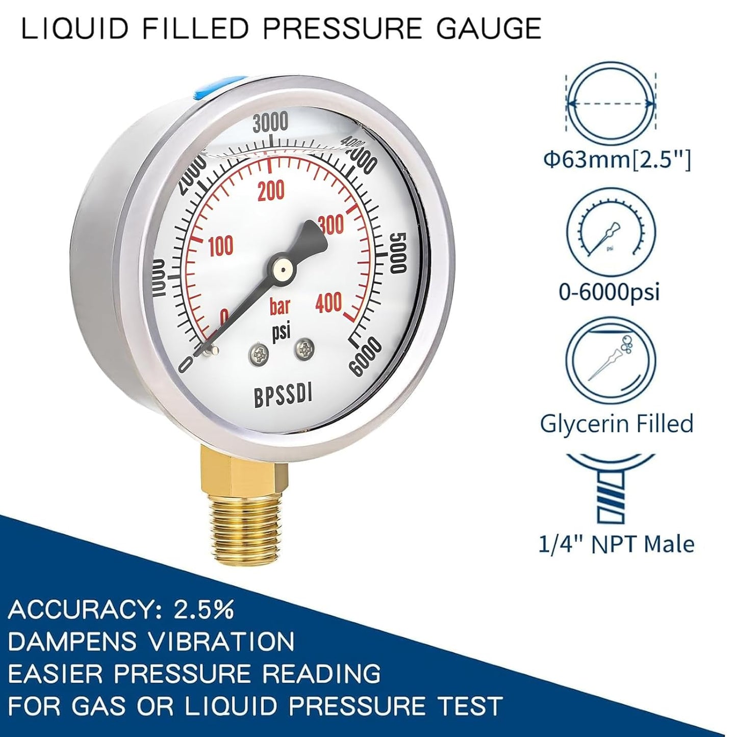 0-6000 Psi Glycerin Liquid Filled Hydraulic High Pressure Gauge, 2.5" Dial Size, 1/4" NPT Lower Mount, 304 Stainless Steel Case, for Water Oil Air Gas Pressure Test