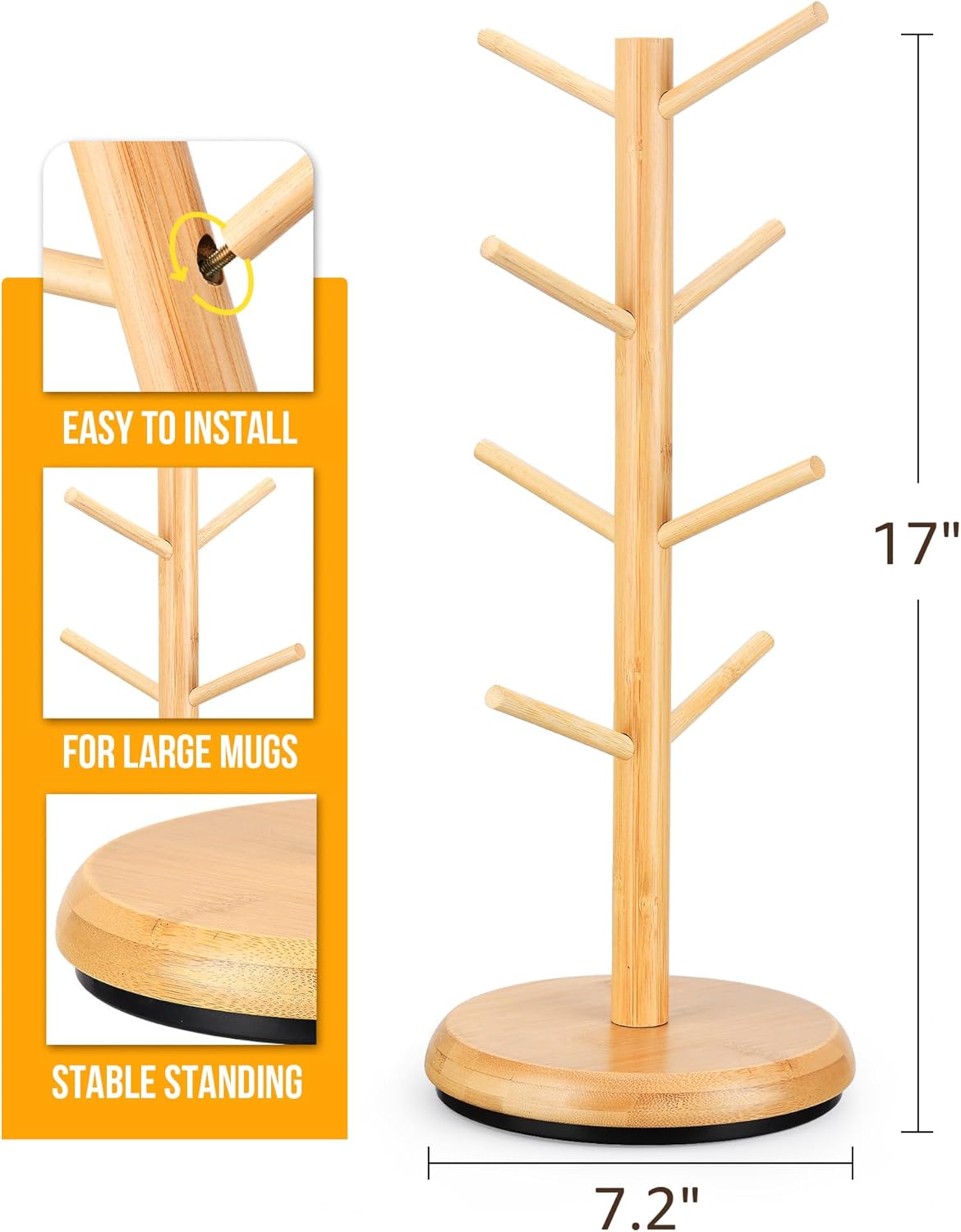 Lorbro Coffee Mug Tree, 360° Rotated Mug Holder with 8 Hooks, Wooden Coffee Cup Holder, Upgraded Mug Rack for Countertop, Coffee Mug Organizer Storage Stand, Coffee Bar Accessories & Kitchen Decor