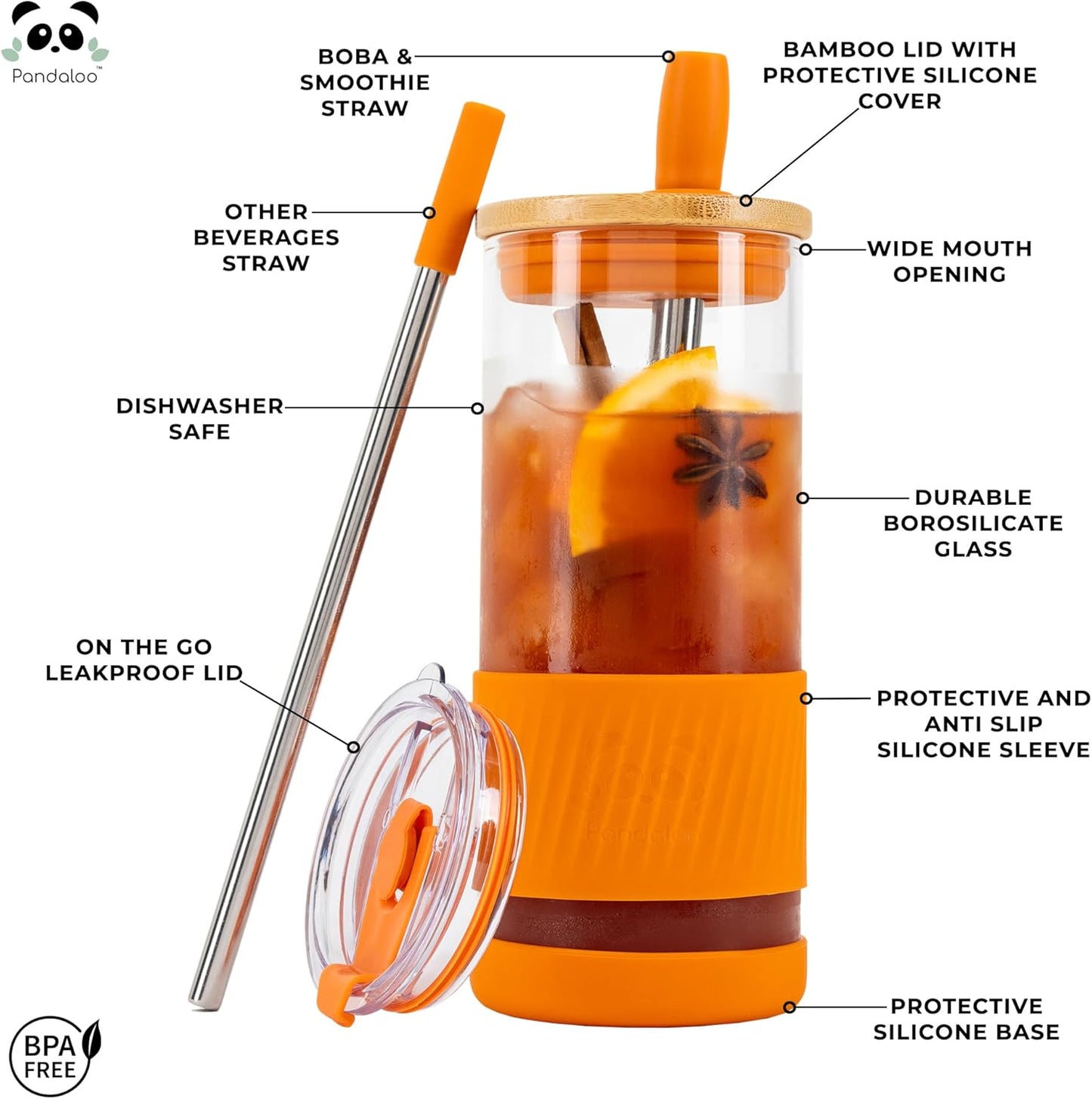 Pandaloo® Glass Cups With Lids and Straws -20 Fl Oz- Perfect Size Iced Coffee Cup - Smoothie Cup With Bamboo Lid and On the go Lid - Glass Tumbler With Straw (1 Count (Pack of 1), Autumn Gold)