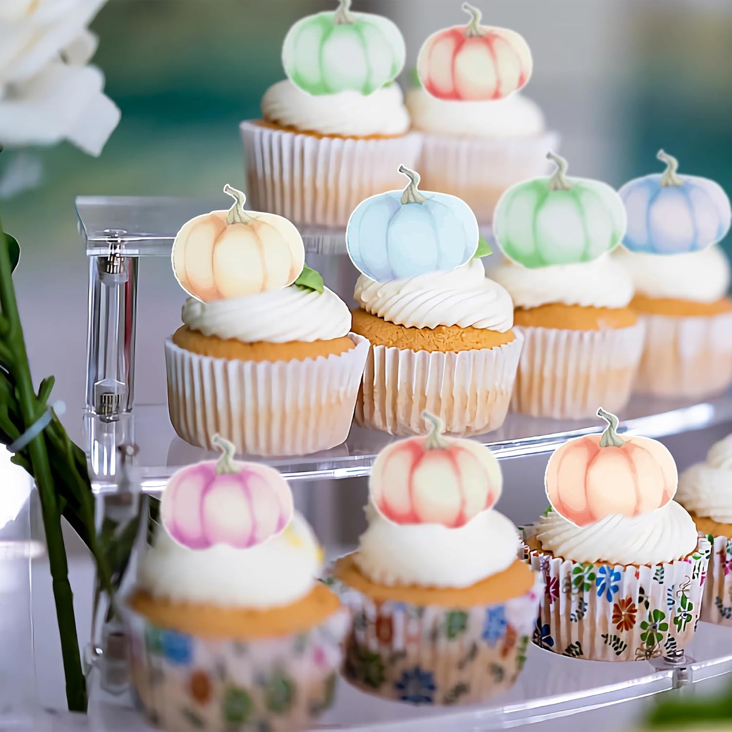 40Pcs Edible Pumpkin Cupcake Toppers Autumn Thanksgiving Theme Party Wafer Paper Color Pumpkin Cupcake Toppers Baby Gender Reveal Party Supplies