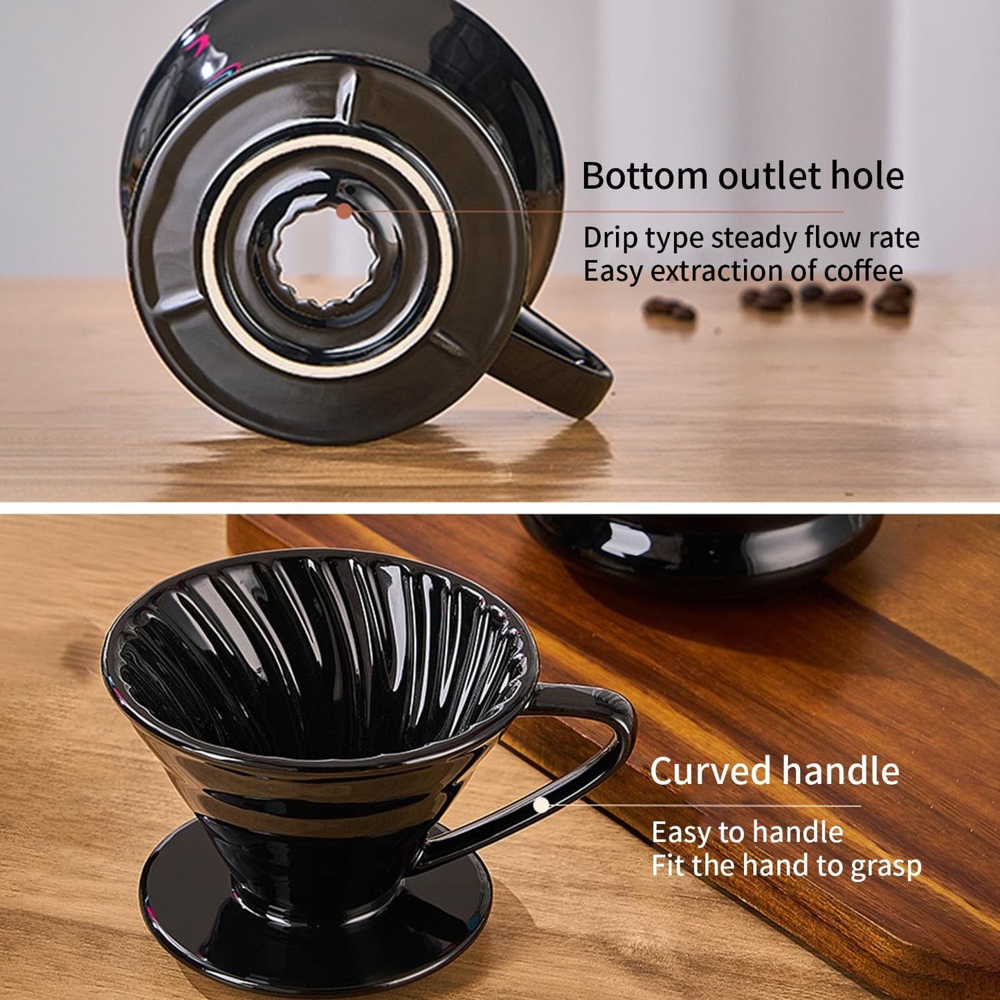 Pour Over Coffee Maker, Single Cup Coffee Dripper, Manual Porcelain Slow Brewing Accessories for Travel, Camping, Office, Home, Cafe, Coffee Gifts (Black, Large)