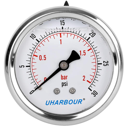 Glycerin Filled Low Pressure Gauge 30psi/2bar, Stainless Steel case, Brass Inside Construction, 2-1/2" dial, 1/4" NPT Back Connection…