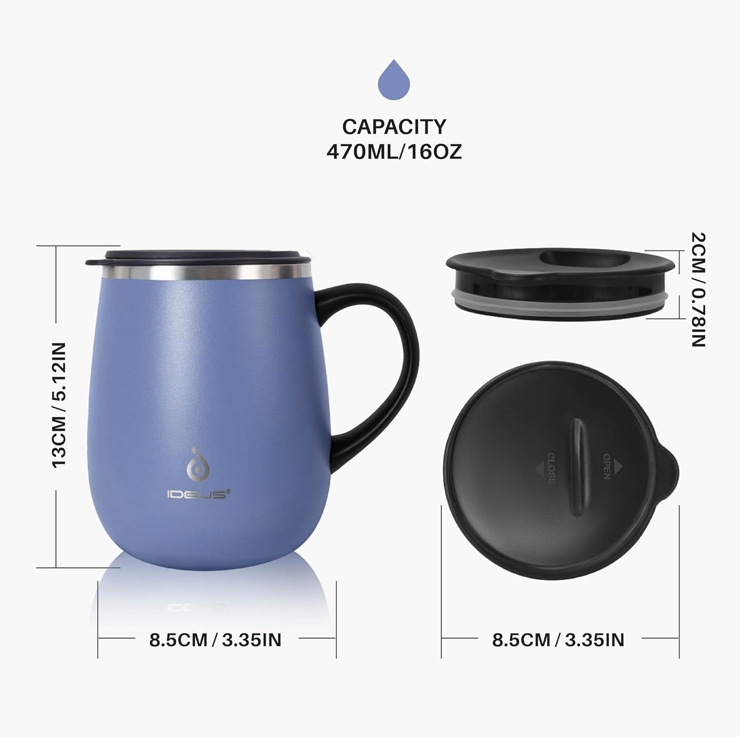 Ideus 16 oz Insulated Coffee Mug with Handle and Lid, Double Wall Stainless Steel Vacuum Thermal Coffee Mug, Travel Coffee Cup Thermal Cup for Home and Office, Ocean Blue