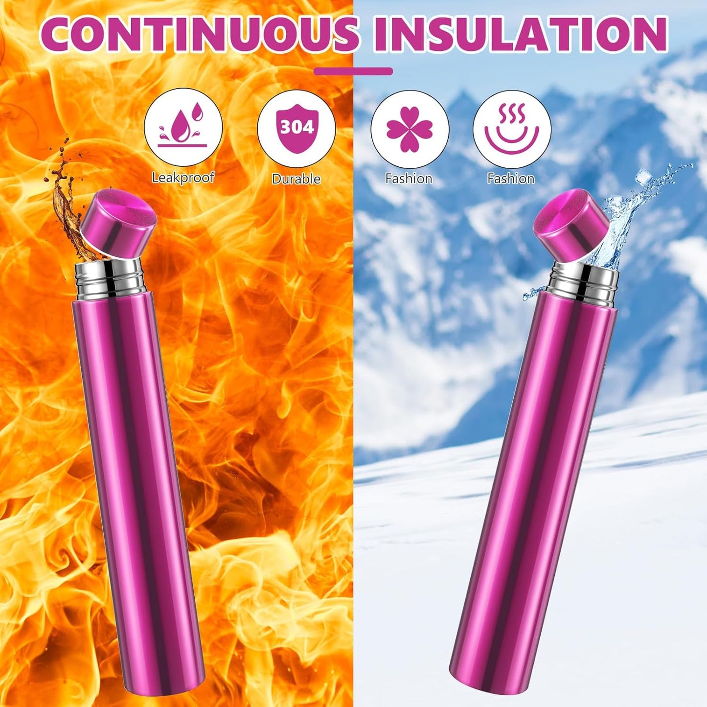 Vesici 1 Pack Slim Water Bottle 8.8 oz Small Stainless Steel Purse Compact Insulated Water Bottles Camping Travel Backpack Pocket Flask for Car Cold Coffee Tea (Hot Pink)