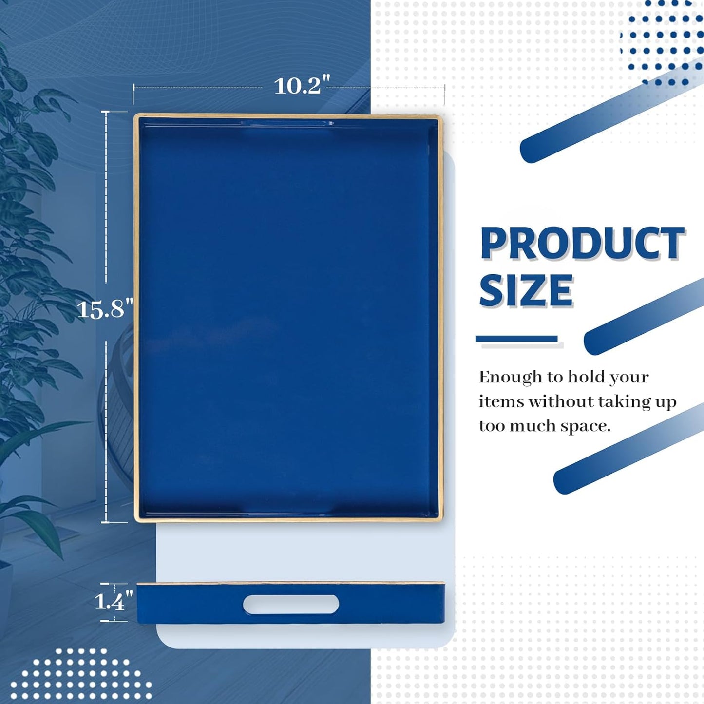 MAONAME Navy Blue Serving Tray with Handles, Modern Decorative Tray for Coffee Table, Plastic Rectangular Tray for Ottoman, Bathroom, Decor, 15.8” x 10.2” x1.4