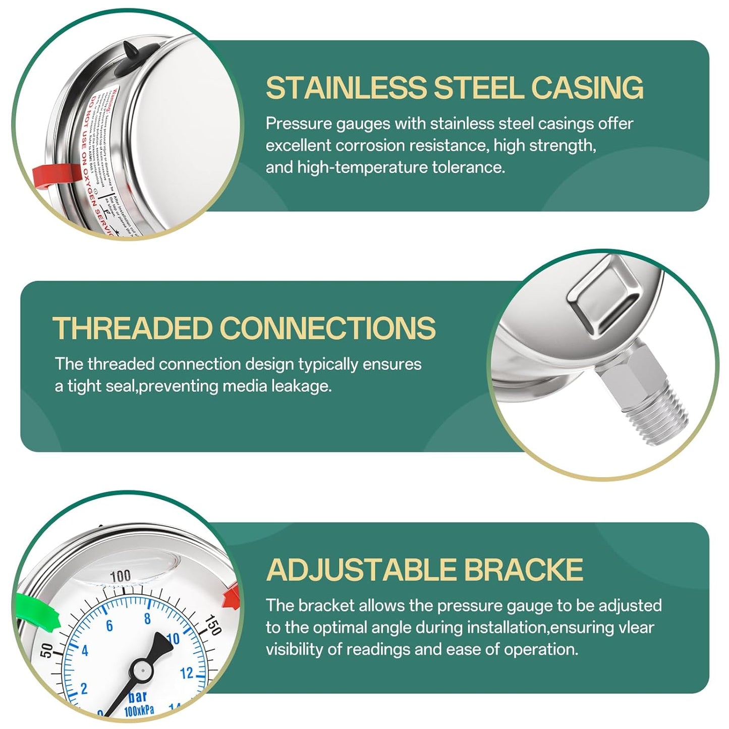 0-200PSI Stainless Steel Liquid Filled Pressure Gauge, 2.5" Dial Size, 1/4" NPT 316 Stainless Steel Joint, Lower Mount, for Tube, Water Pump, Gas, Liquid (with Range Mark Pointer)