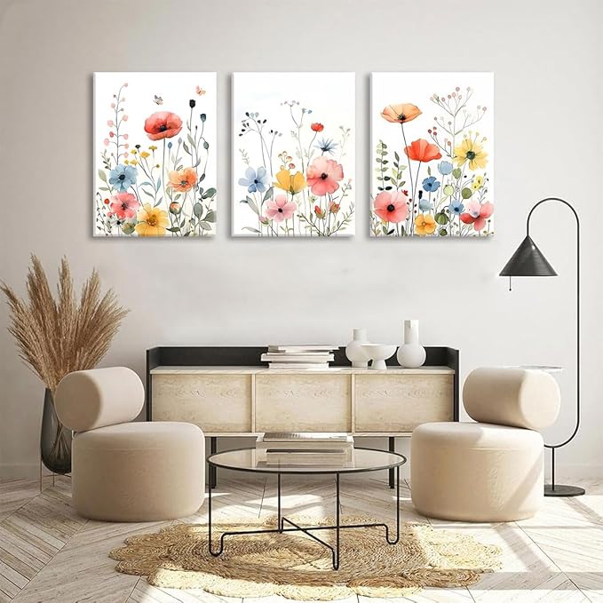 KISSFOX Framed Colorful Wildflower Canvas Wall Art Set Of 3 Flowers Pictures - Image 5
