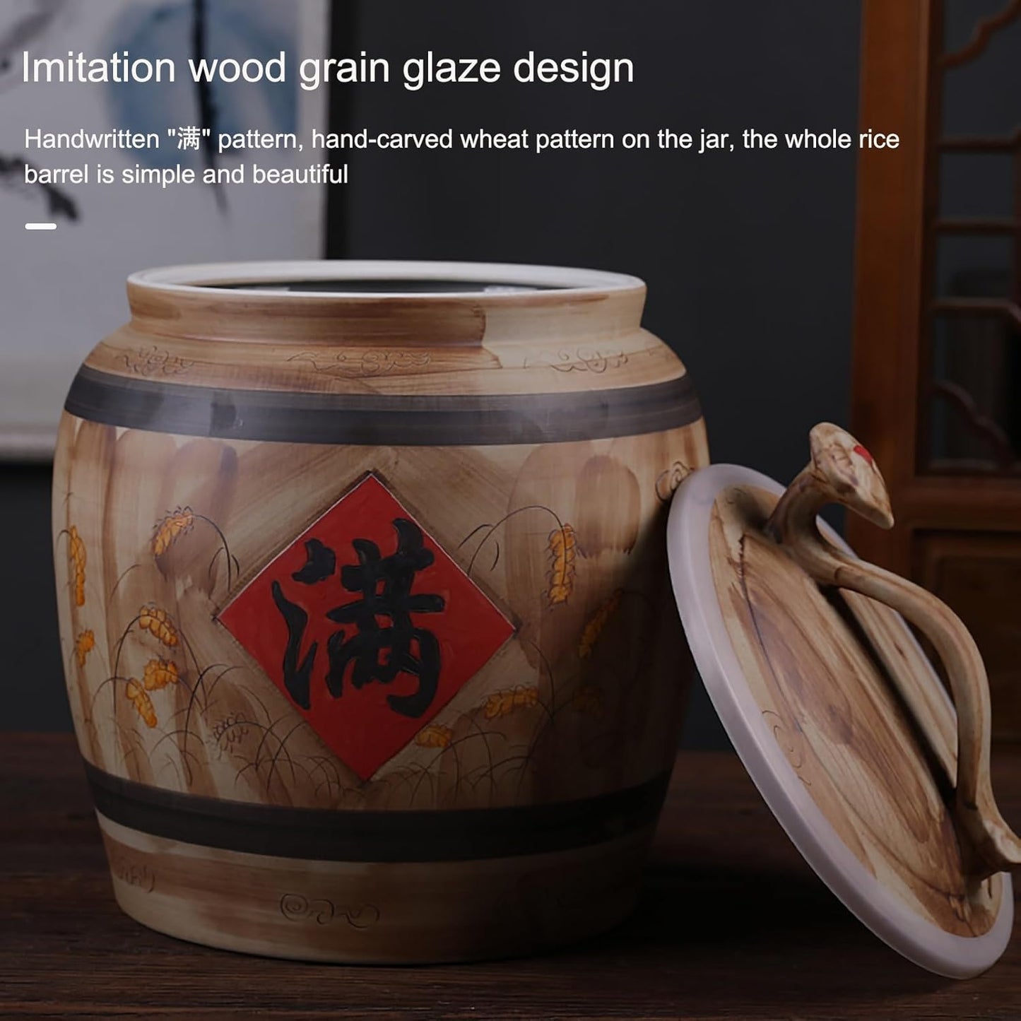 Ceramic Rice Storage Container Sealed Rice Bucket, Grain Dispenser Food Storage Jars, Chinese Jar Ceramic Decorative, for Cereal, Flour, Sugar, Coffee, Rice(39 * 30cm/15.3 * 11.8in)