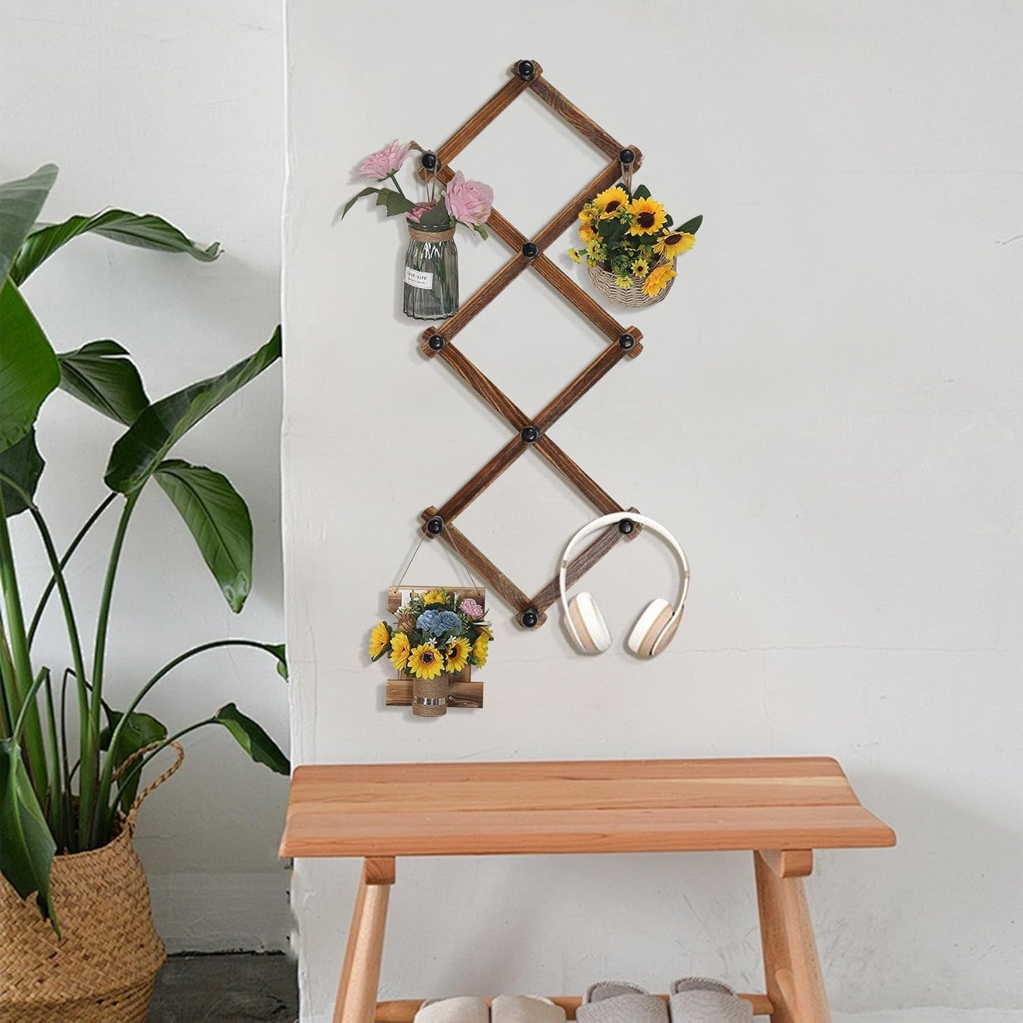 WGFKVAS 2 Pack Accordion Hat Rack for Wall - Expandable Coat Rack & Wall Mounted Hat Holder - Wooden Wall Hanger with 10 Peg Hooks for Coats, Baseball Caps, Keys & Mugs