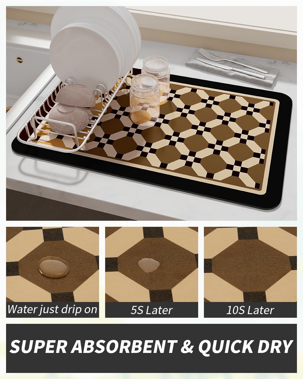 AMOAMI Coffee Mat Hide Stain Rubber Backed Absorbent Dish Drying Mat for Kitchen Counter - Fits Under Coffee Maker or Machine - PEANUT 12X19