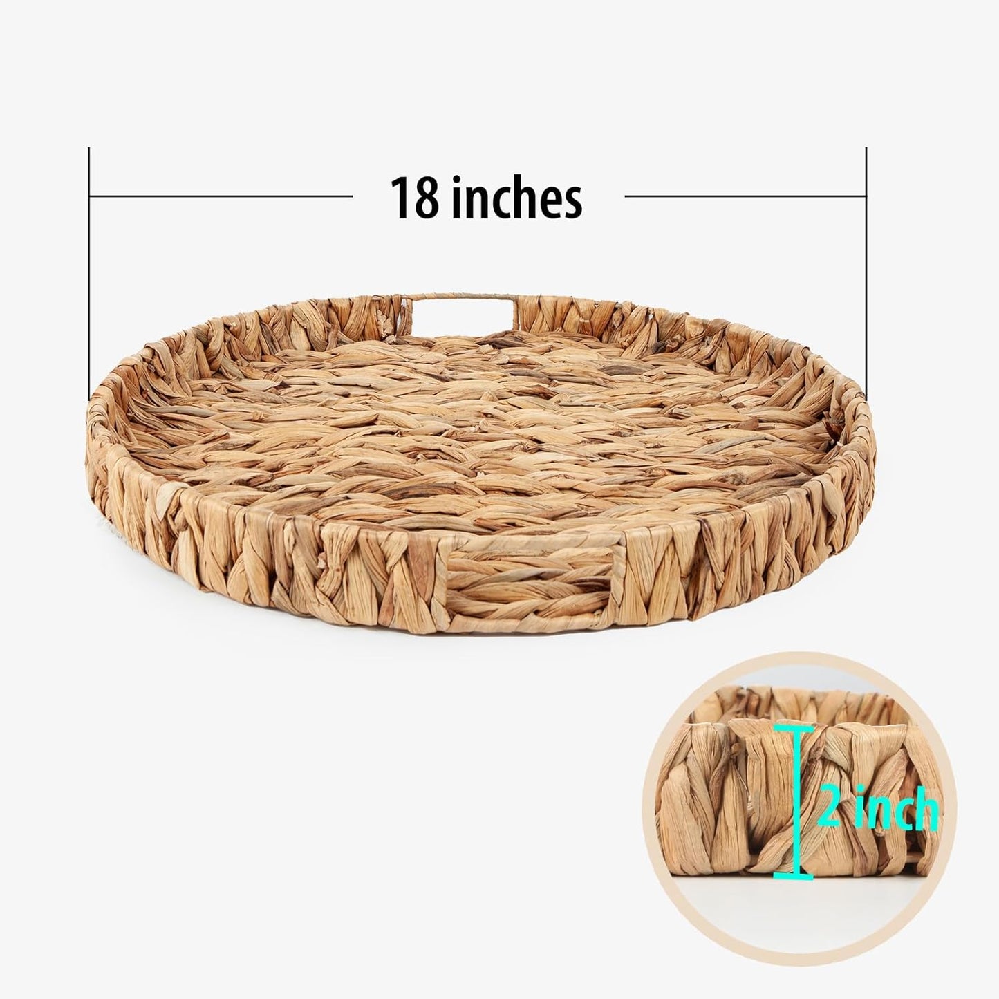 Round Ottoman Tray Large Wicker Serving Tray with Handles for Coffee Table, 18 Inch Handwoven Natural Water Hyacinth Tray