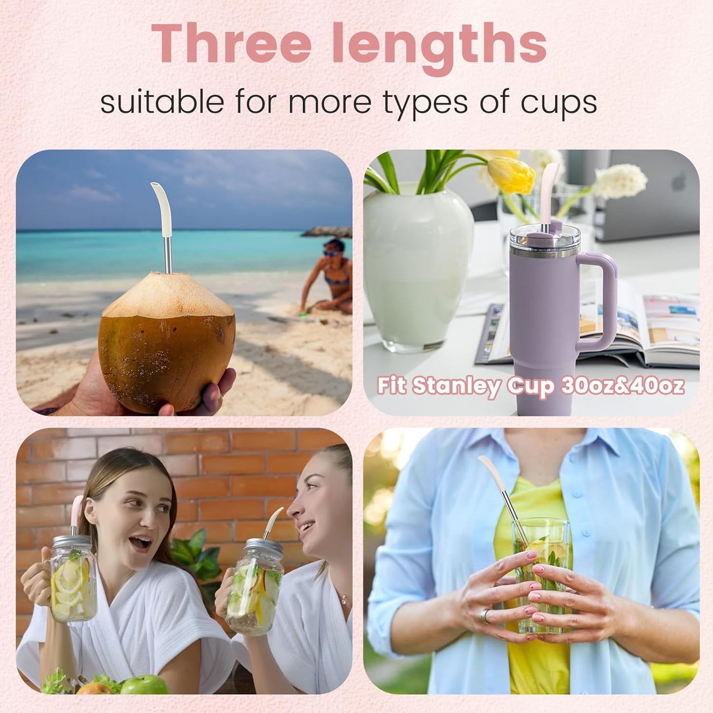 OUTXE Anti Wrinkle Straw 6 Pcs, Flat Wide Drinking Straw for Stanley Cup 40 oz 30 oz, Reusable Wrinkle Free Long Stainless Steel Metal Straw for Lip with Cleaning Brush and Carrying Bag