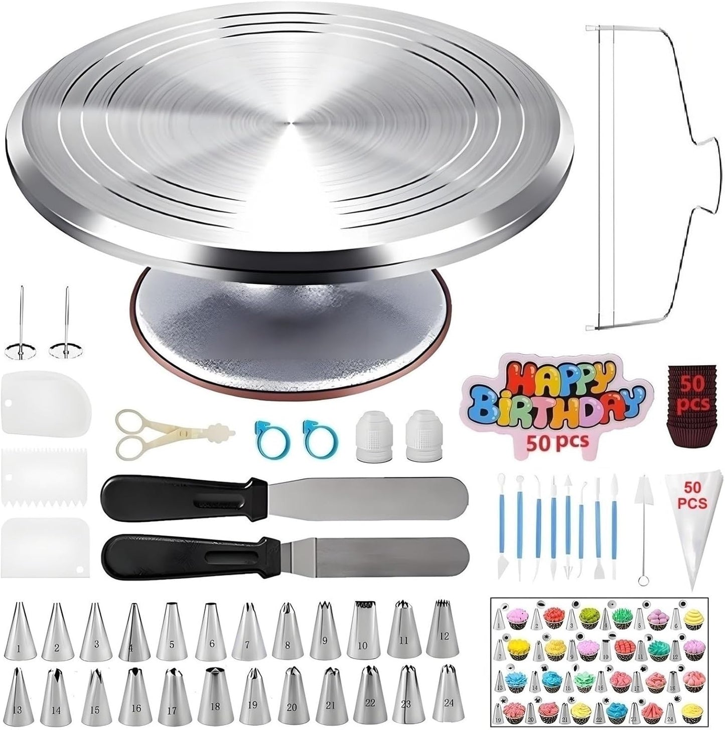 198 Pcs Cake Decorating Kit with Aluminium Alloy Cake Turntable,24 Numbered Icing Piping Tips,2 Couplers,2 Cake Spatulas,3 Comb Scrapers,8 Carved Pens, 50 Pastry Bags,50 Cake Flags