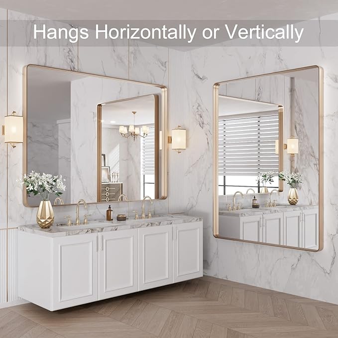LOAAO 48”X36” Gold Bathroom Mirror, Rounded Rectangle Gold Frame Mirror - Image 8