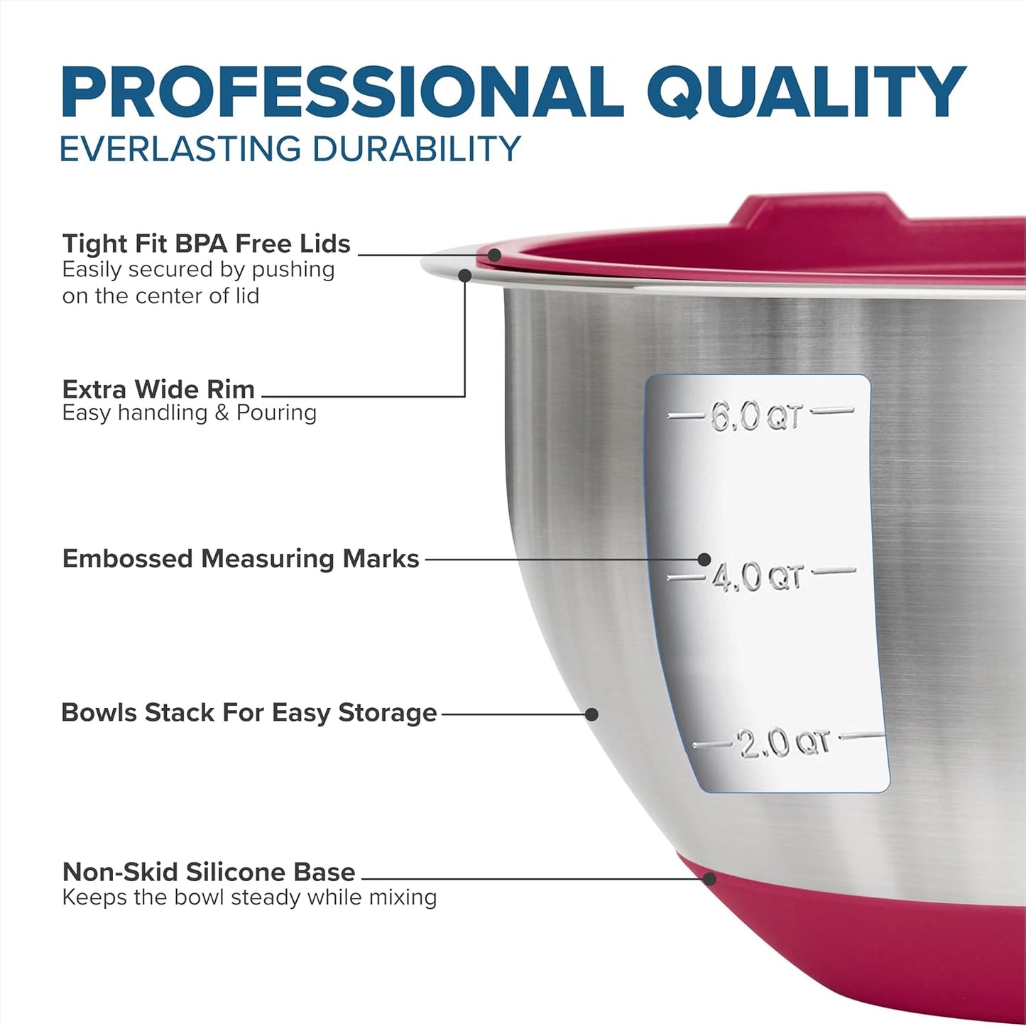 Viking Mixing Bowls Set, 10 Piece Stainless Steel Kitchen Cookware, Non-Slip Silicone Base, Includes Tight Fit Lids, Dishwasher Safe, Red