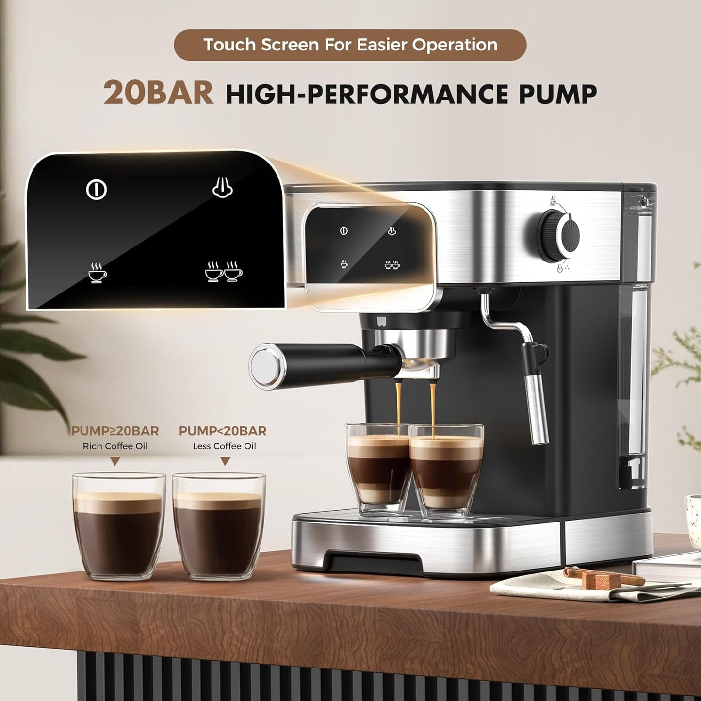 Espresso Machine 20 Bar, Professional Espresso Maker With Auto Milk Frother, Home Compact Espresso Coffee Machine With Led Touch Screen, 61OZ Removable Water Tank For Latte, Cappuccino