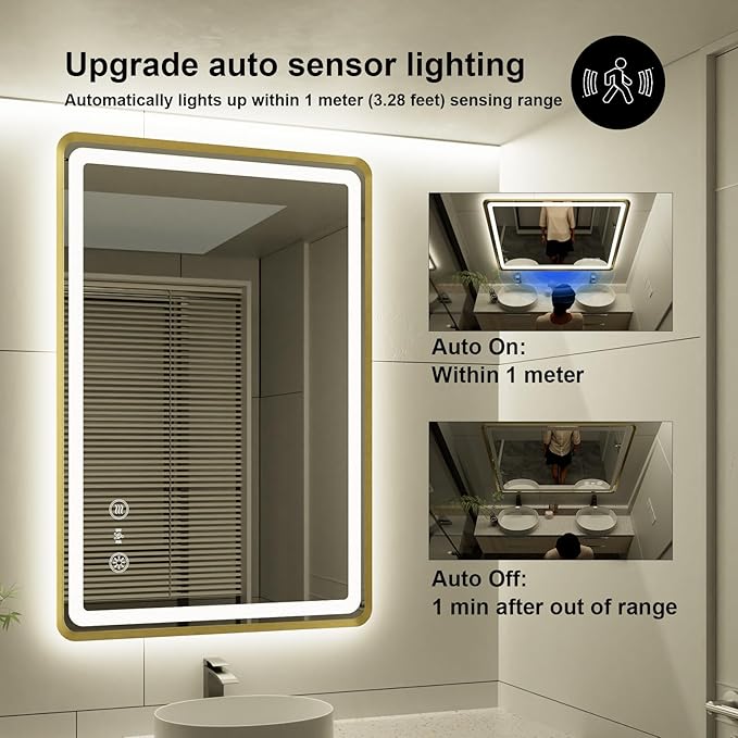 24x36 Inch Gold Framed LED Bathroom Mirror, Smart Bathroom Mirror - Image 4