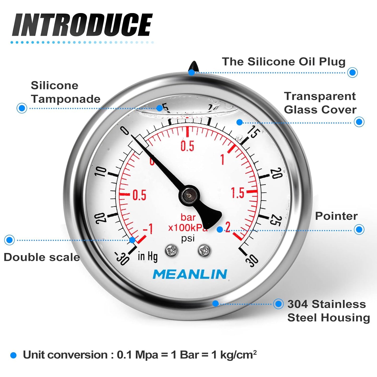 MEANLIN MEASURE -30inHG~30Psi Stainless Steel 1/8" NPT 2.5" FACE DIAL Vacuum Pressure Gauge, Center Back Mount, with 1/4" NPT and 3/8" NPT Hex Bushing