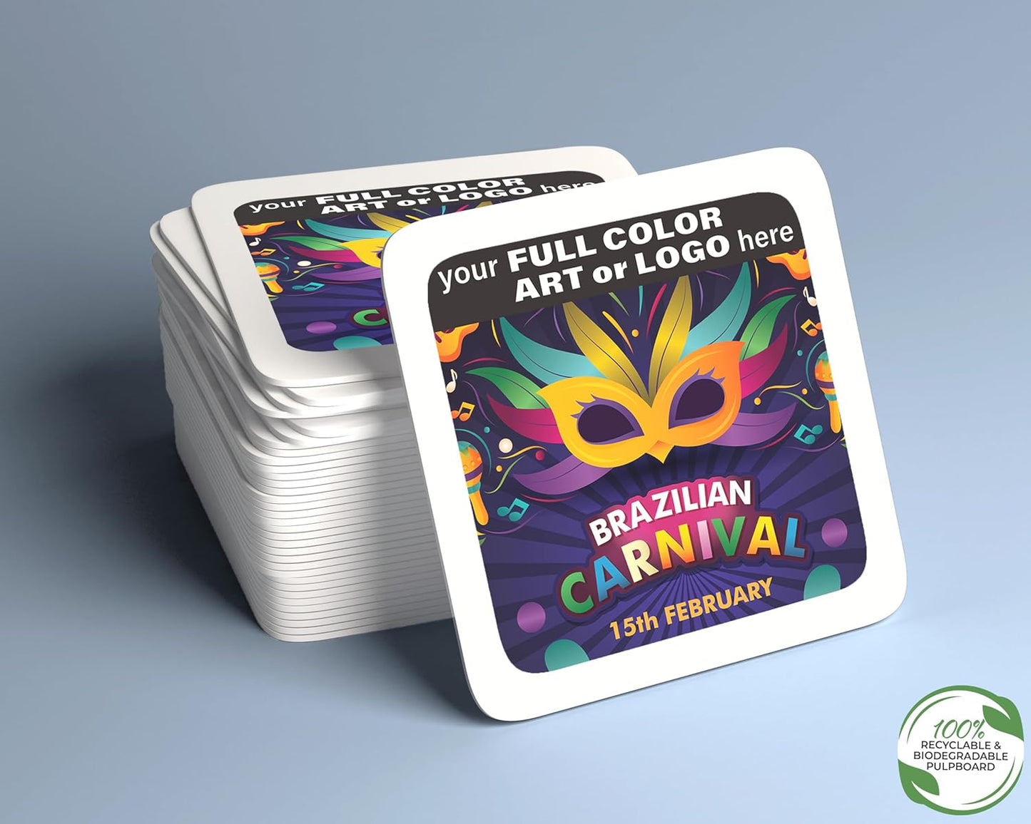 B.E. Green Custom Coasters - Pulpboard Personalized Coasters for Drinks - Full Color Print - Reusable & Absorbent - Beverage Coaster - Promotional Events & Celebrations - Pack of 50 - Square, 4"x 4"