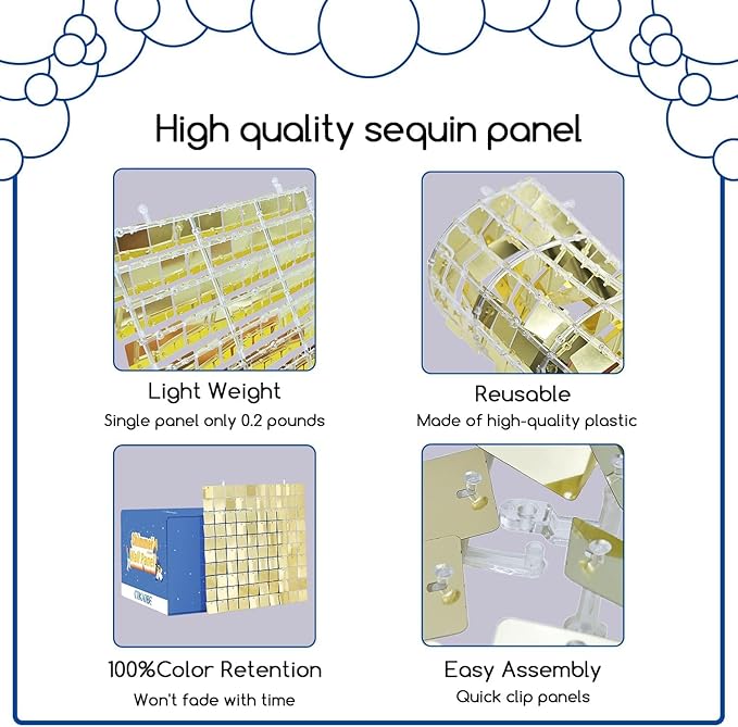COKAOBE Gold Shimmer Wall Backdrop, 24 Panels Square Sequin Shimmer Backdrop - Image 3