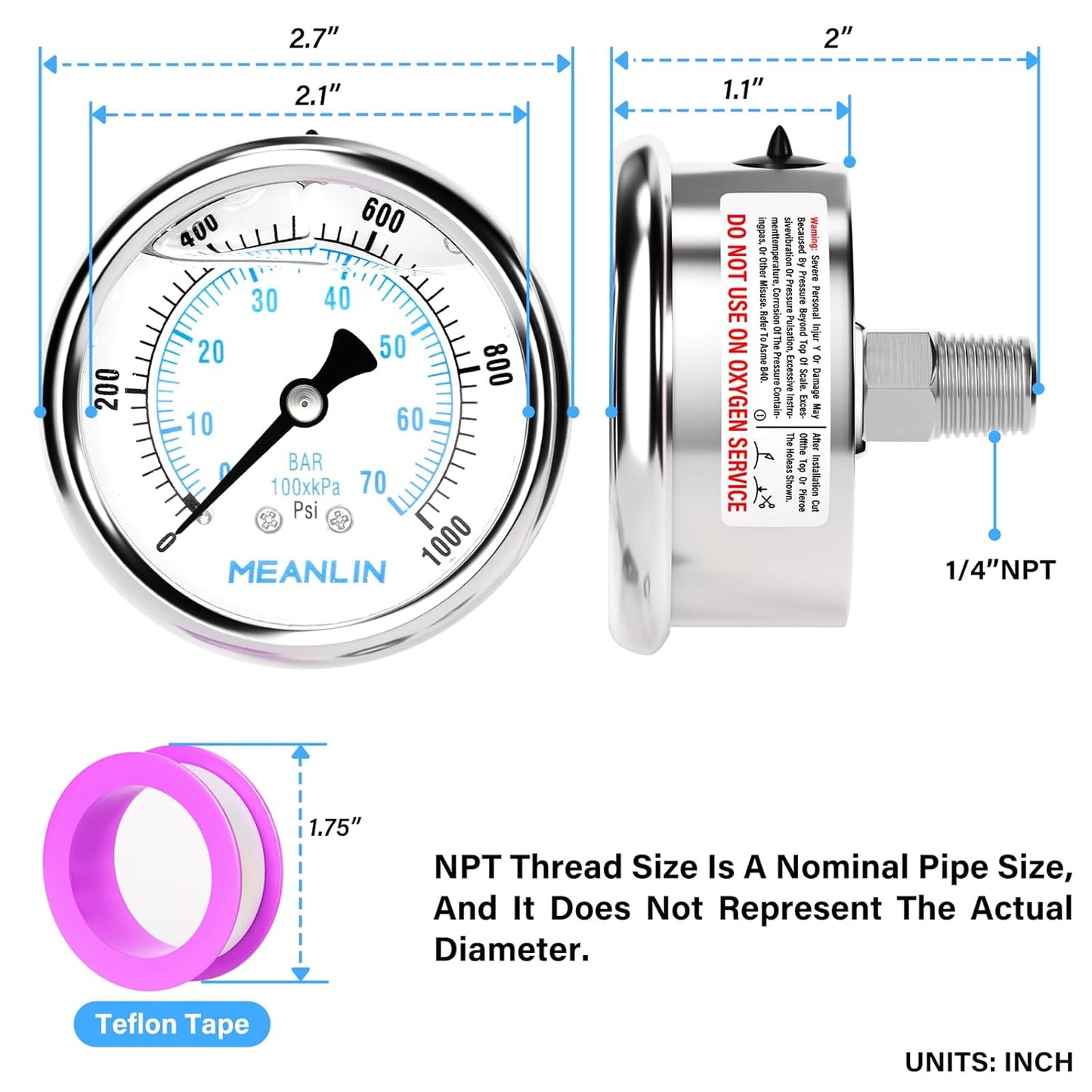 MEANLIN MEASURE 0~1000Psi Liquid Filled Pressure Gauge Stainless Steel with 316 Stainless Steel Joint 1/4" NPT 2.5" FACE DIAL for WOG Water Oil Air Center Back Mount